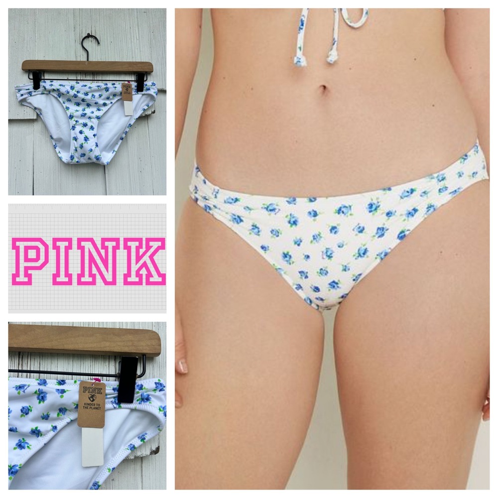 PINK Victoria's Secret Morning Sky Floral Brief Bikini Bottom‎ Blue White Size M